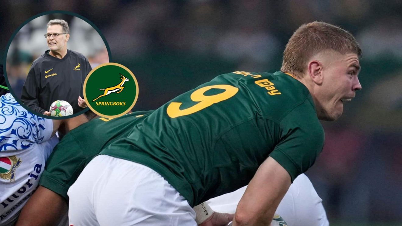 Springboks scrum-half Morne van den Berg and an inset of head coach Rassie Erasmus.