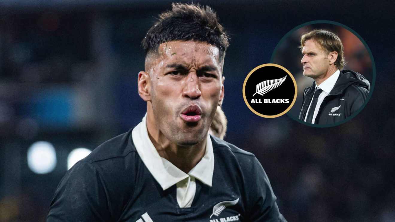 All Blacks back Rieko Ioane and an inset of head coach Scott Robertson.