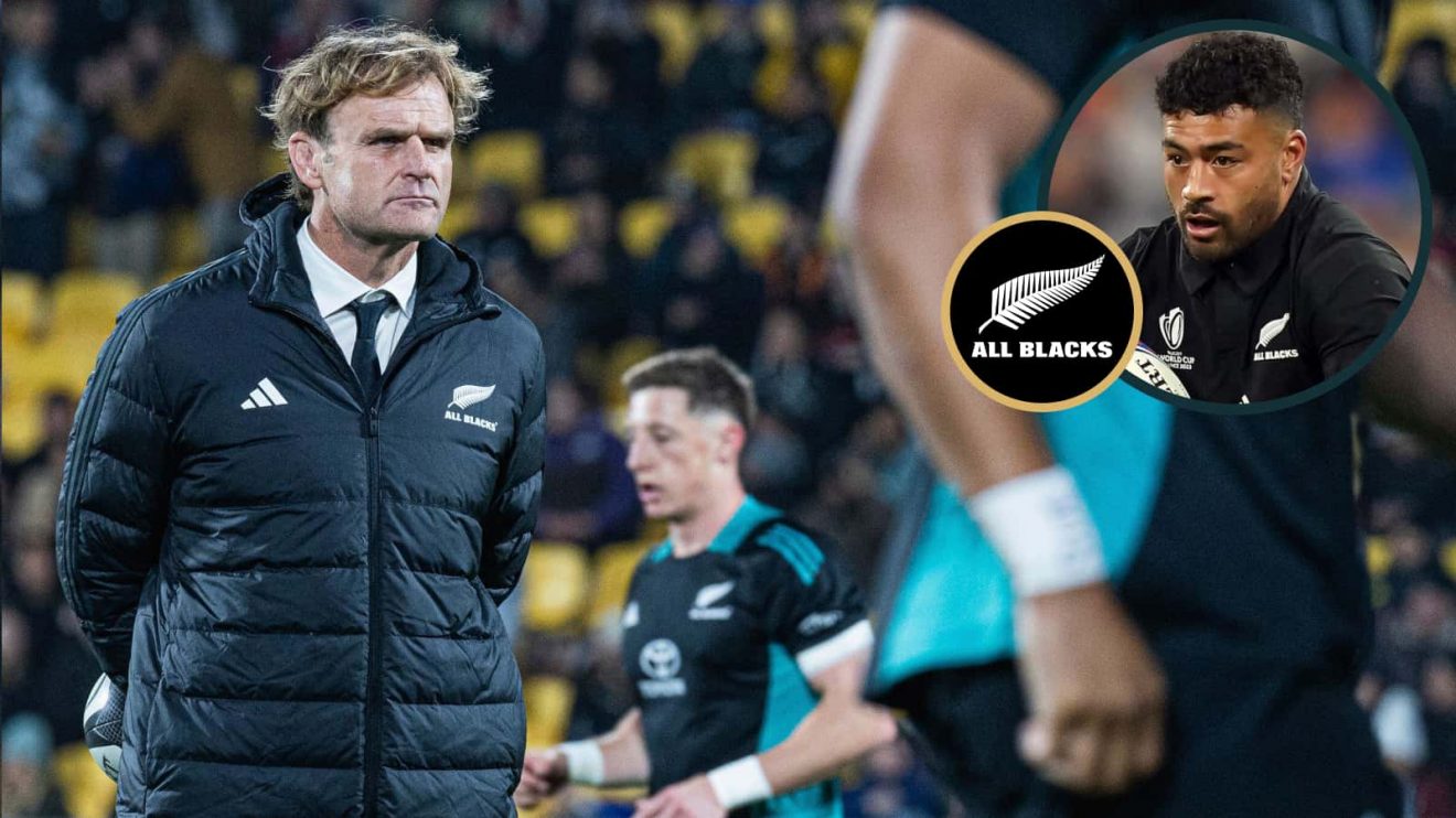 All Blacks head coach Scott Robertson and fly-half Richie Mo'unga at the 2023 Rugby World Cup (inset).