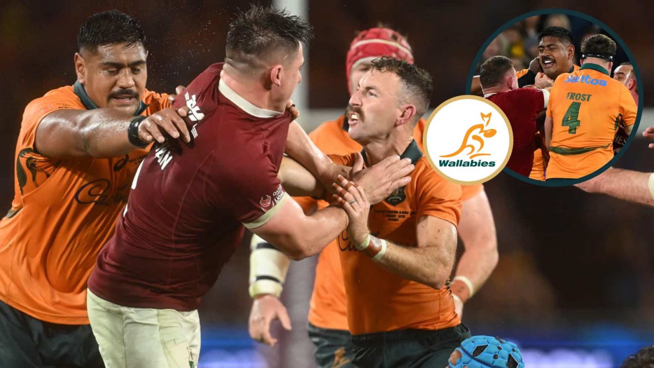 Wallabies Nic White and Will Skelton involved in a scuffle with the British and Irish Lions.