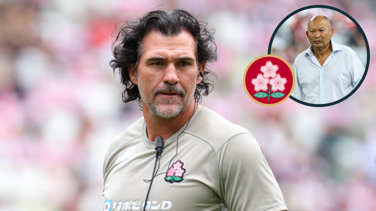 Ex-Springboks lock Victor Matfield and an inset of Japan head coach Eddie Jones.