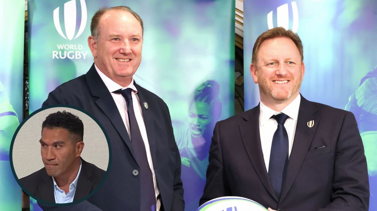World Rugby chairman Brett Robinson alongside chief executive Alan Gilpin, and All Blacks centurion Mils Muliaina (inset).