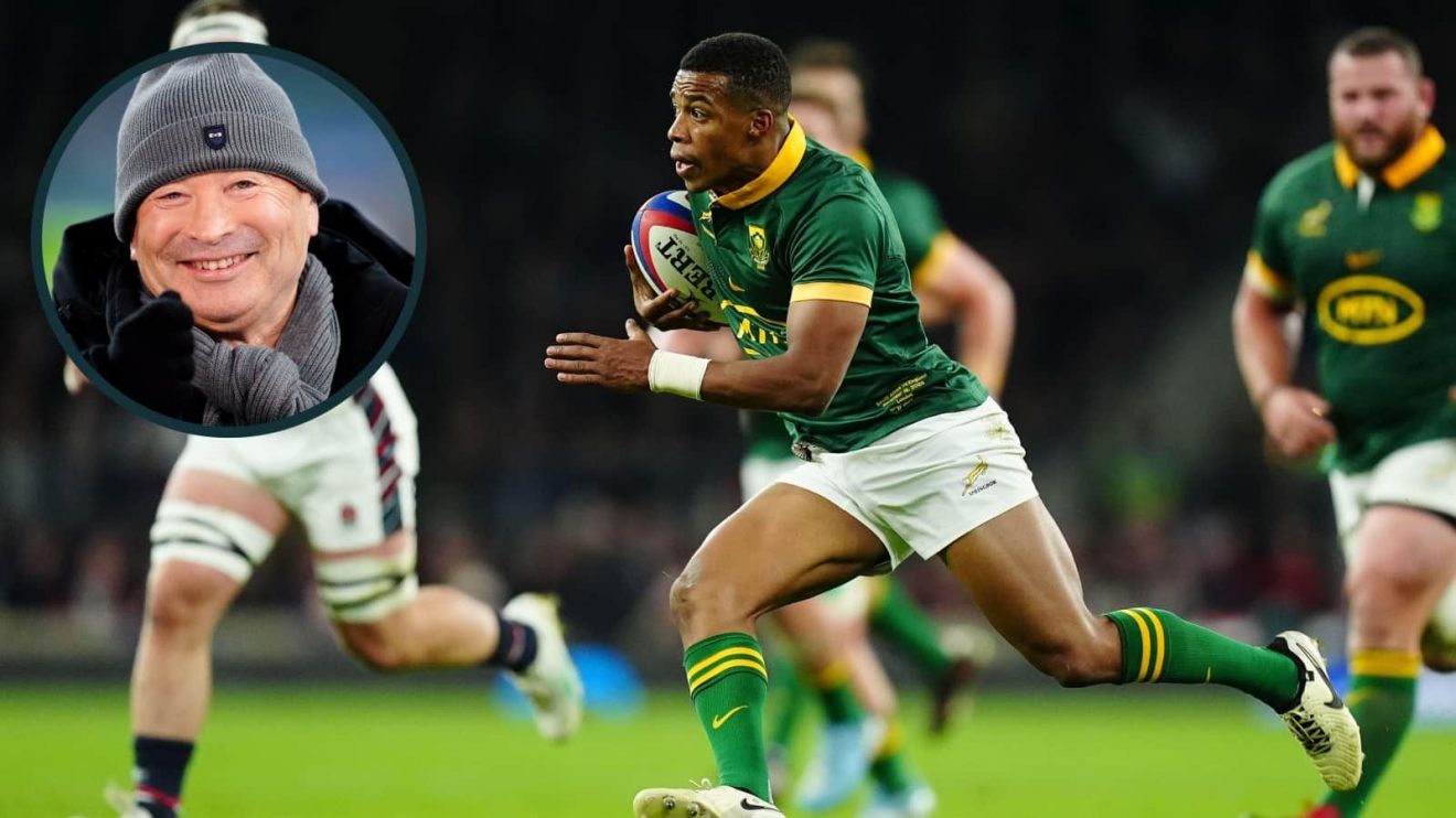 Springboks scrum-half Grant Williams and an inset of Japan head coach Eddie Jones.