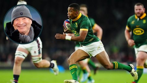 Springboks scrum-half Grant Williams and an inset of Japan head coach Eddie Jones.