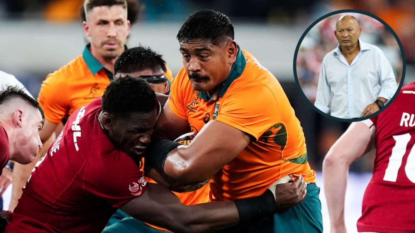 Wallabies lock Will Skelton and an inset of Eddie Jones.
