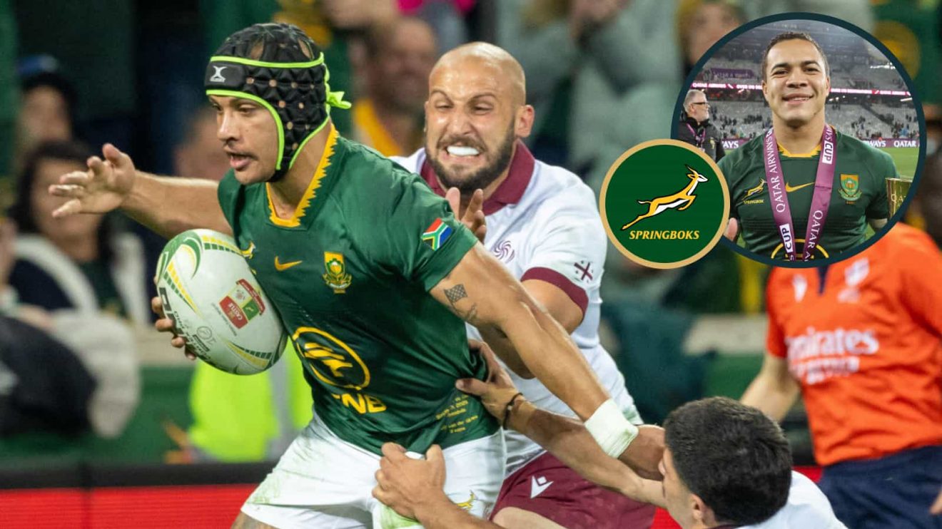 Springboks speedster Edwill van der Merwe and an inset of fellow winger Cheslin Kolbe.