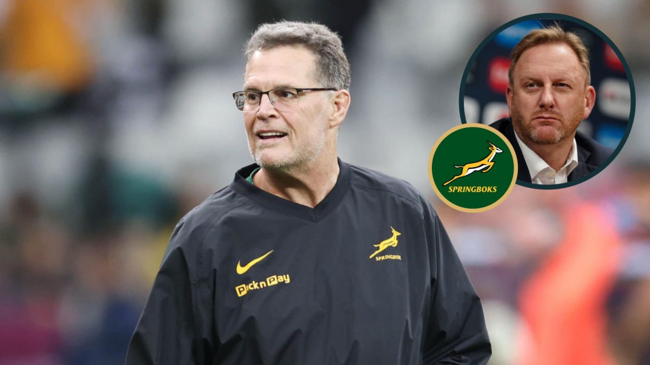 Springboks head coach Rassie Erasmus and an inset of World Rugby boss Alan Gilpin.