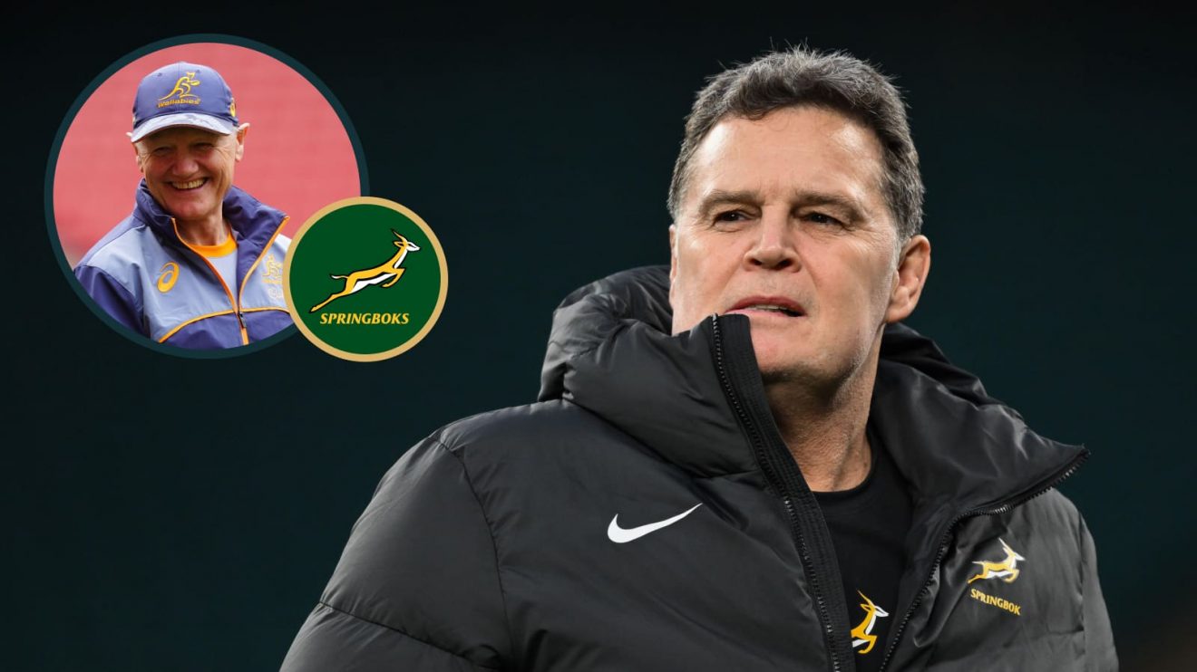 Springboks head coach Rassie Erasmus and an inset of Wallabies boss Joe Schmidt.