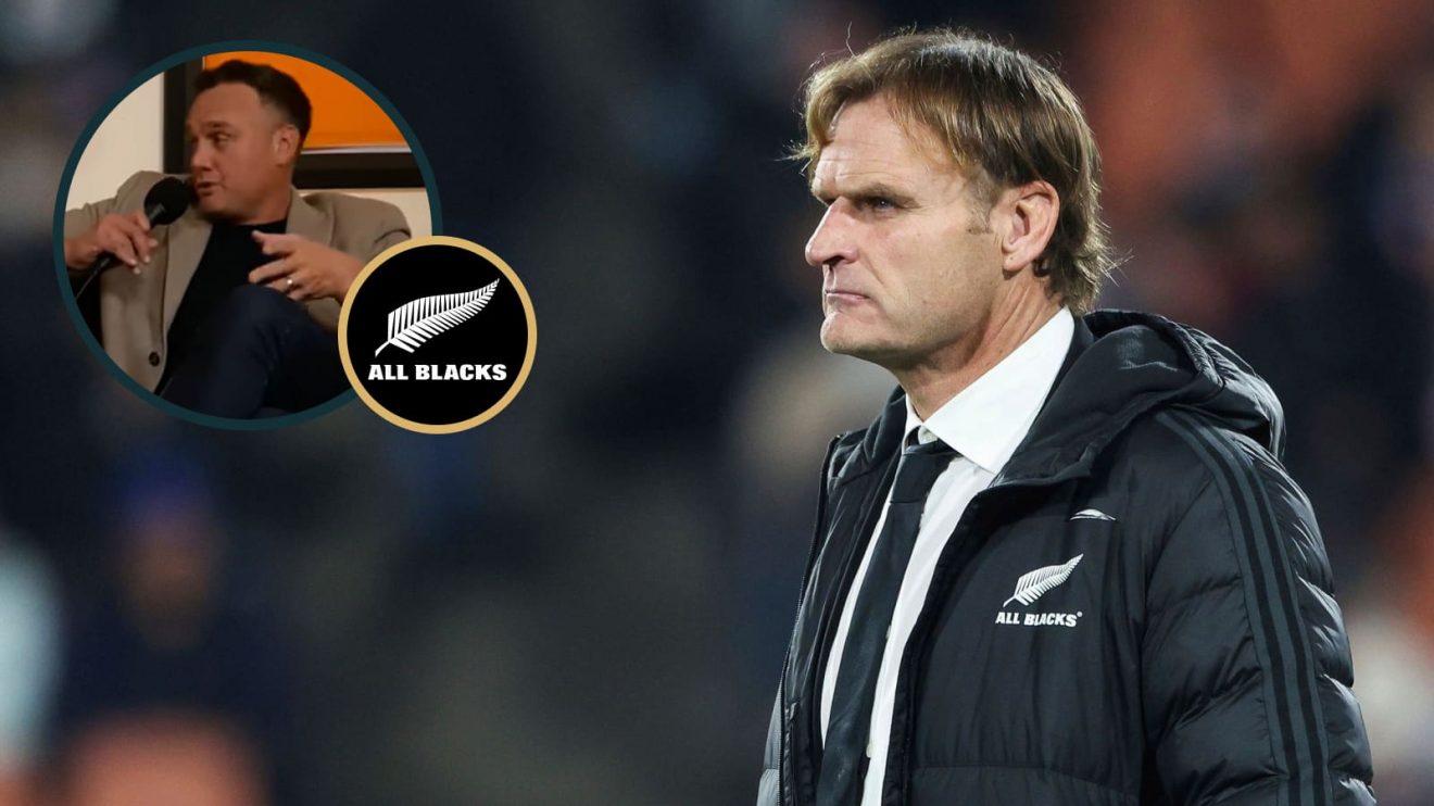 All Blacks head coach Scott Robertson and ex-back three star Israel Dagg (inset).