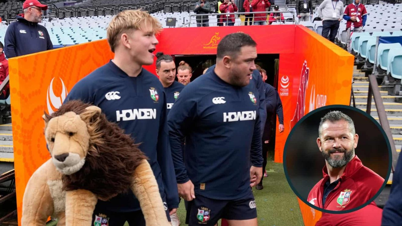 Henry Pollock with the Lions mascot, BIL, and head coach Andy Farrell during series (inset).