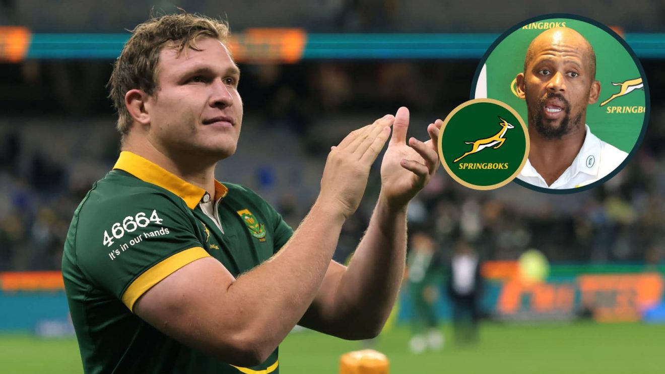 Springboks forward Jan-Hendrik Wessels and an inset of assistant coach Mzwandile Stick.