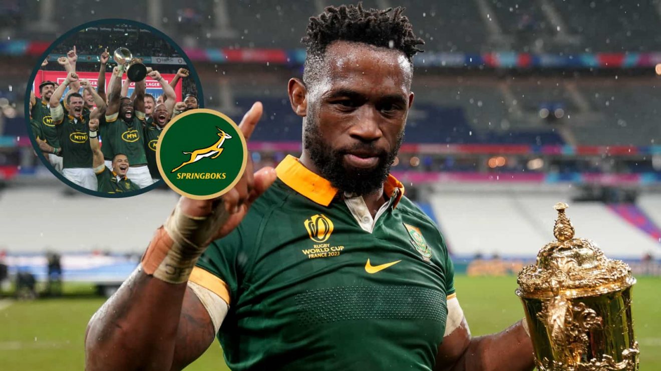 Springboks captain Siya Kolisi after the 2023 Rugby World Cup final and an inset of South Africa celebrating their Rugby Championship success.