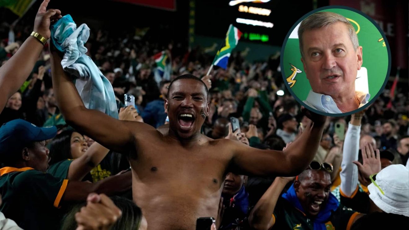 Fans celebrate at the end of a rugby championship test match between South Africa and New Zealand at Ellis Park in 2024 and an inset of SA Rugby boss Rian Oberholzer.