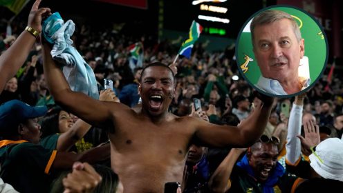 Fans celebrate at the end of a rugby championship test match between South Africa and New Zealand at Ellis Park in 2024 and an inset of SA Rugby boss Rian Oberholzer.