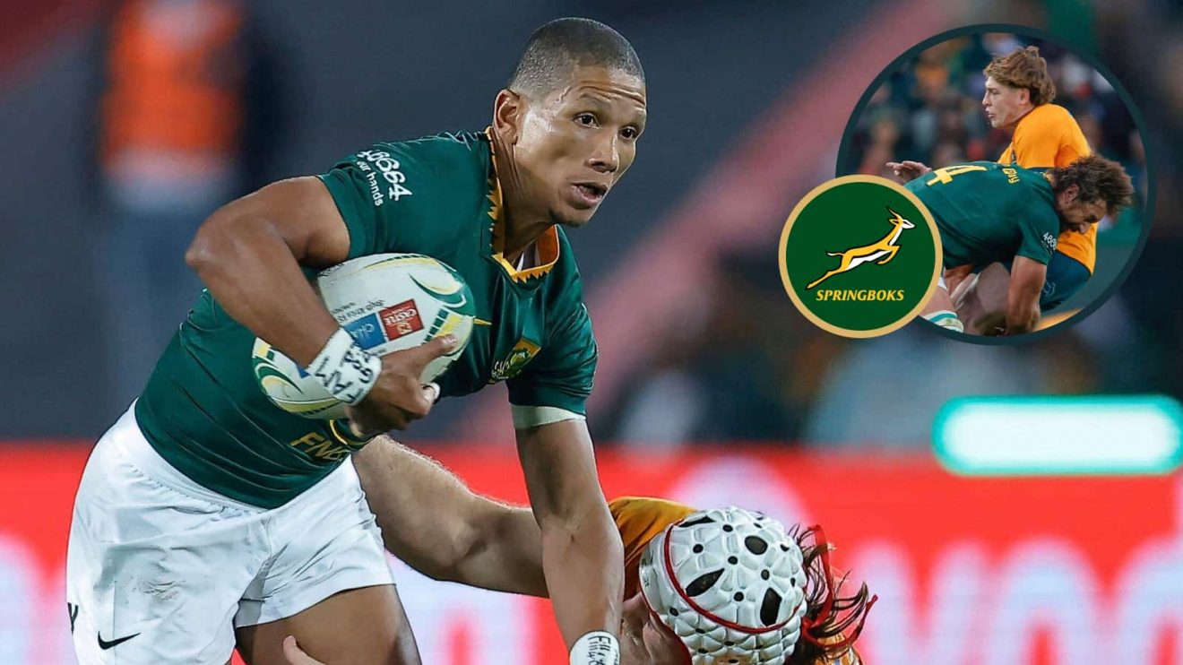 Springboks fly-half Manie Libbok and an inset of Eben Etzebeth.
