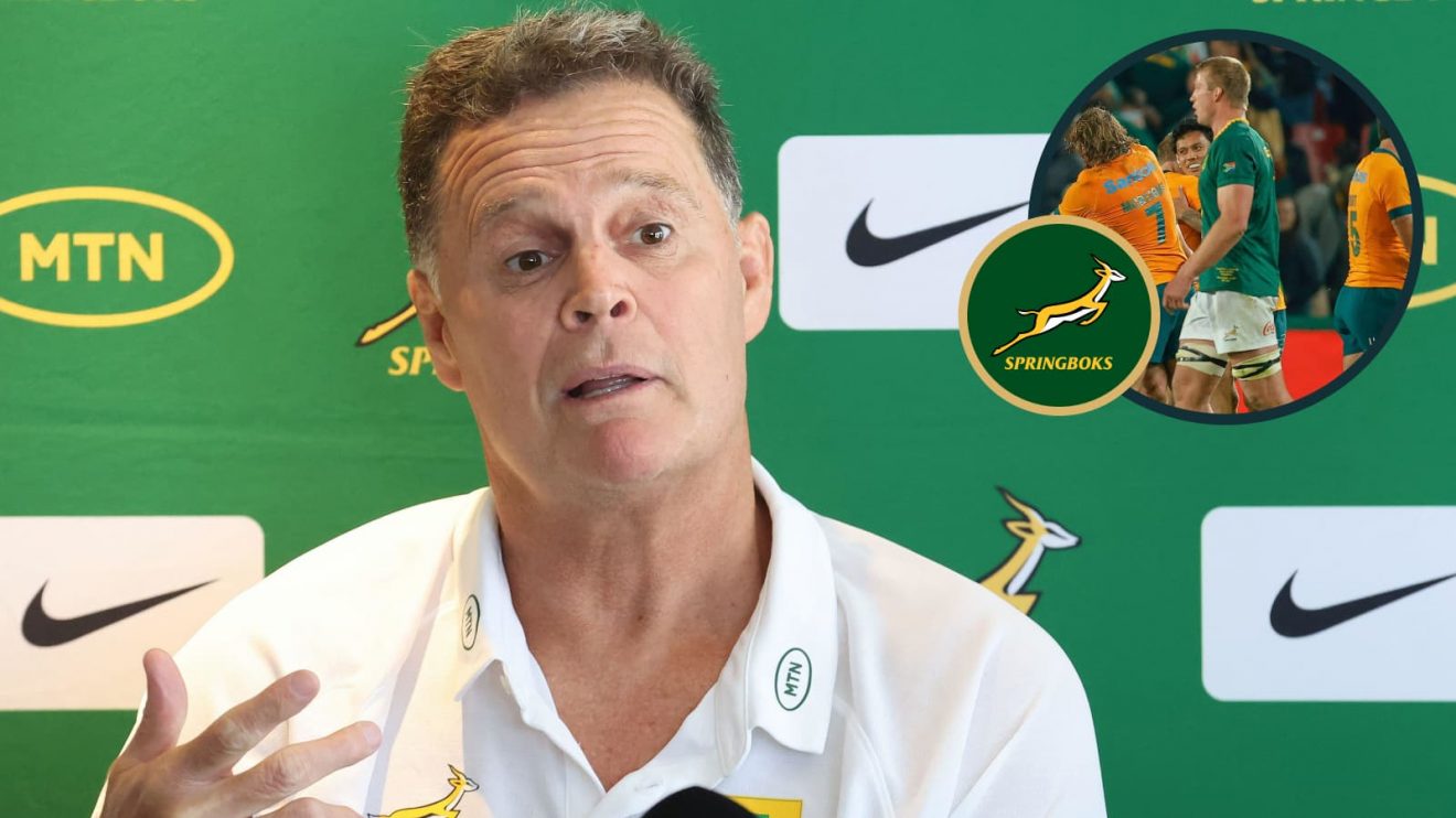 Springboks head coach Rassie Erasmus and South African players dejected while Wallabies celebrate (inset).