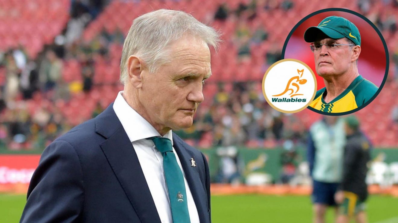 Wallabies head coach Joe Schmidt and Springboks boss Rassie Erasmus (inset) during 2025 Rugby Championship opener.