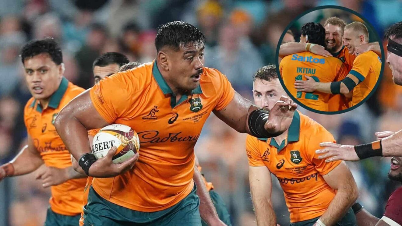 Wallabies lock Will Skelton and an inset of Australian players celebrating the victory over the Springboks.
