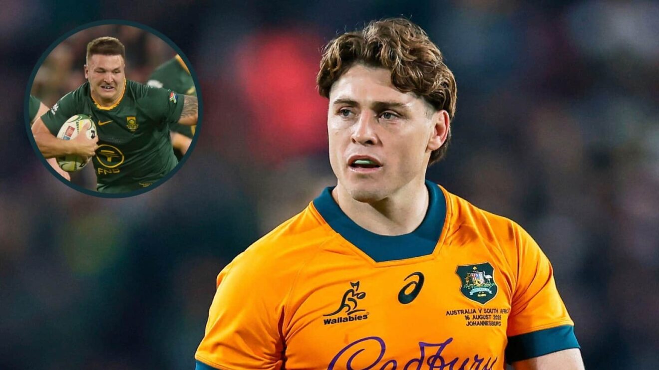 Wallabies playmaker James O'Connor and an inset of Springboks centre Andre Esterhuizen.