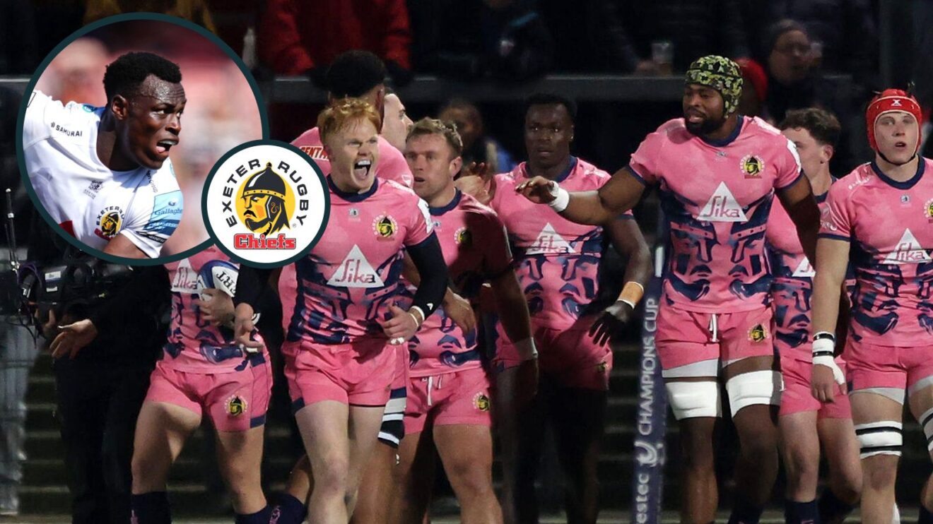 A two layered image of Exeter Chiefs players and Paul Brown-Bampoe