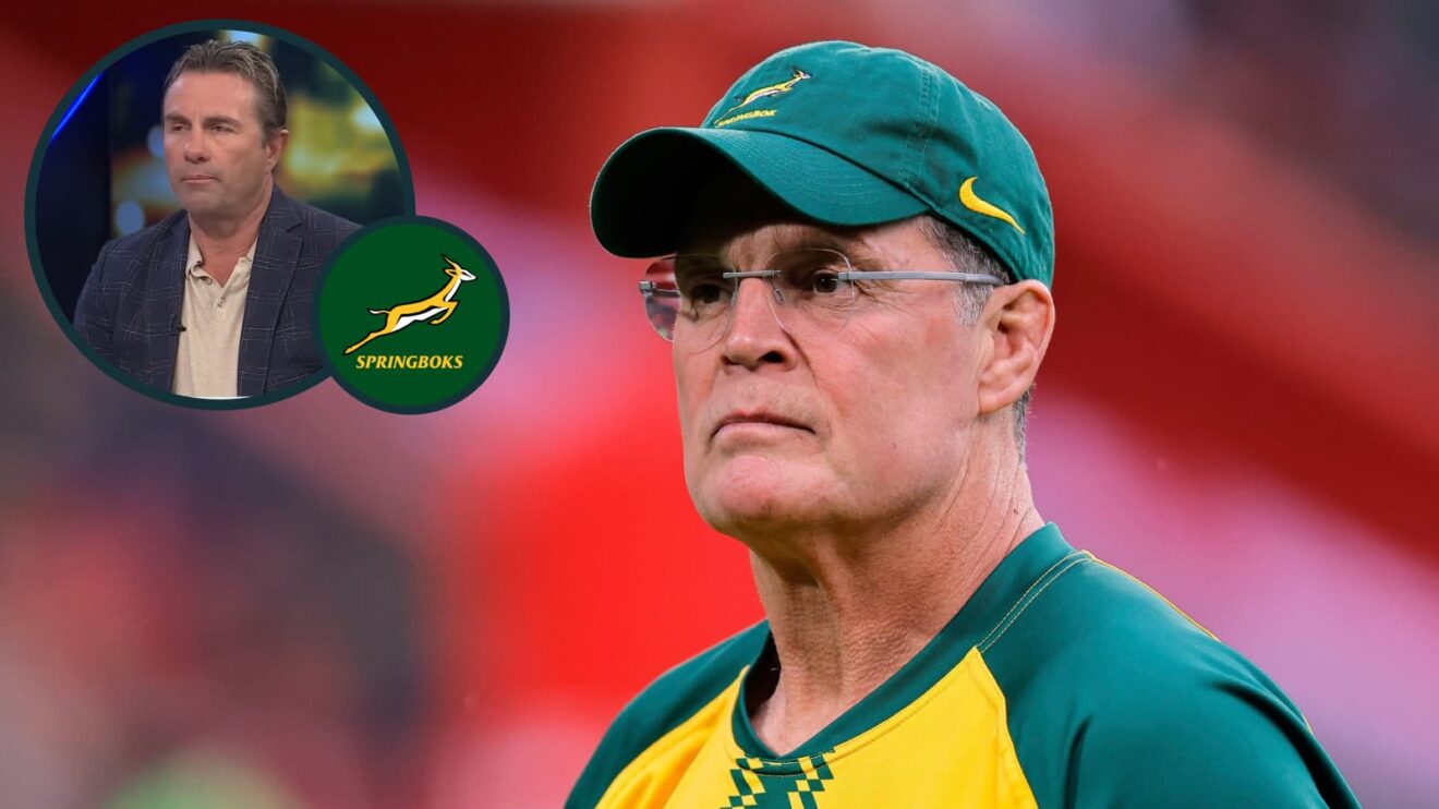 Springboks head coach Rassie Erasmus and an inset of ex-All Blacks Justin Marshall.