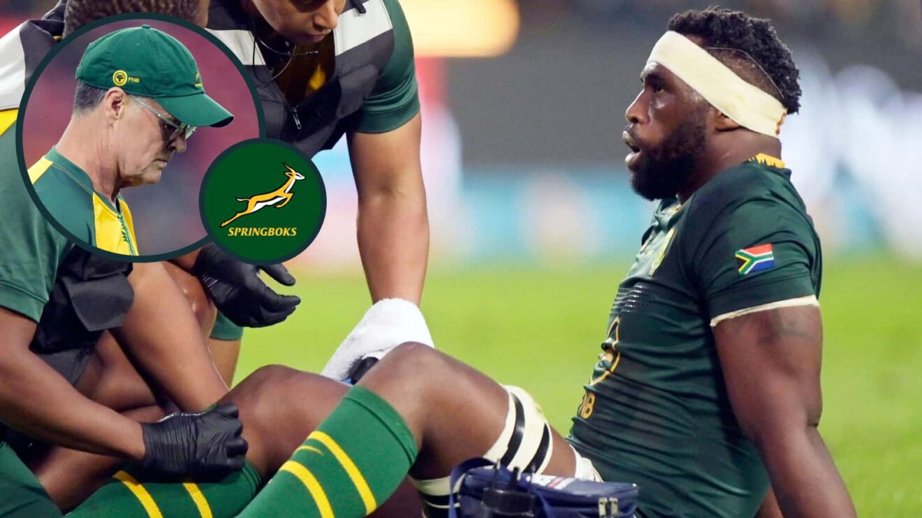 Springboks captain Siya Kolisi and an inset of head coach Rassie Erasmus.