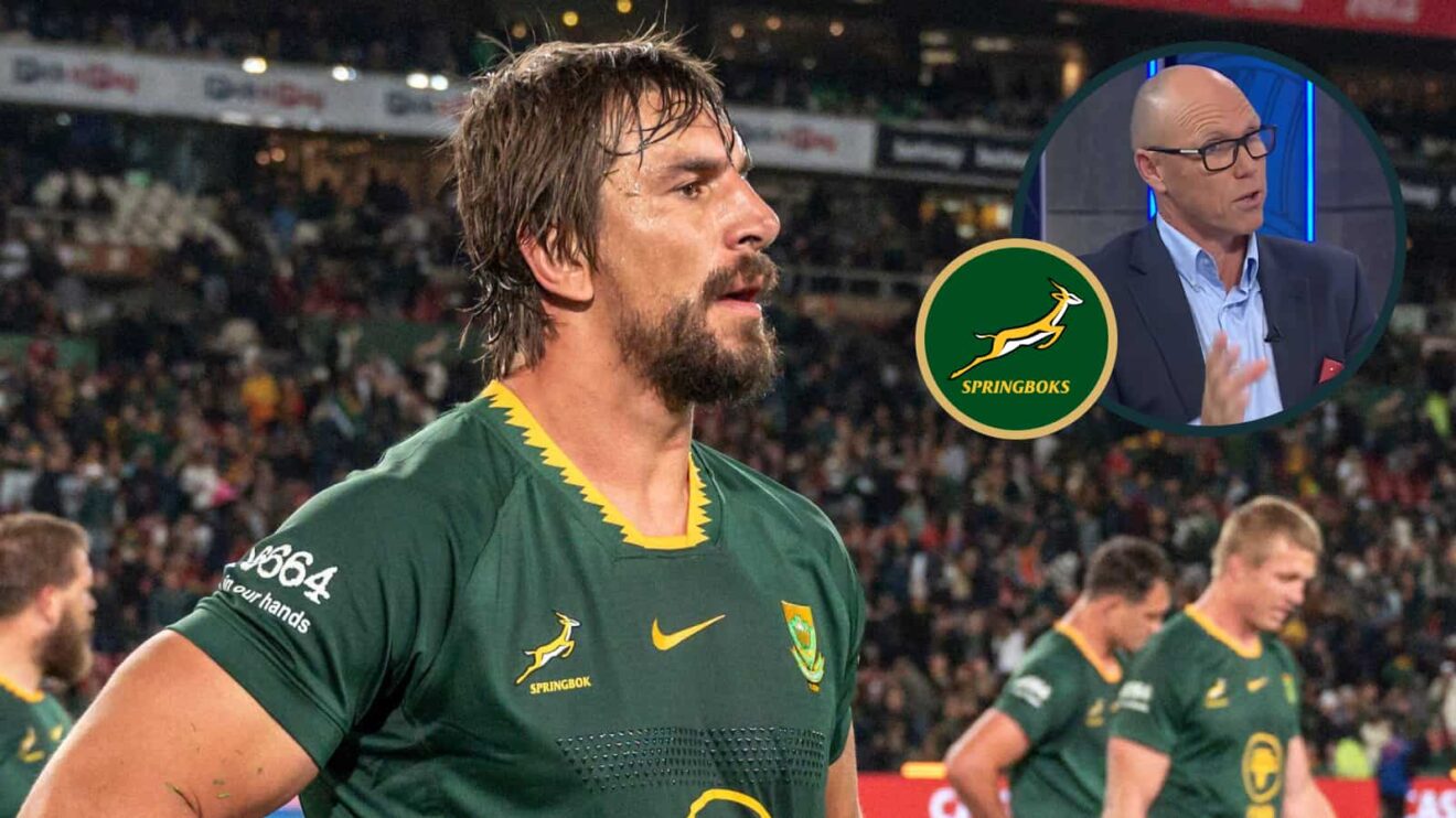 Springboks lock Eben Etzebeth and an inset of ex-All Black Jeff Wilson.