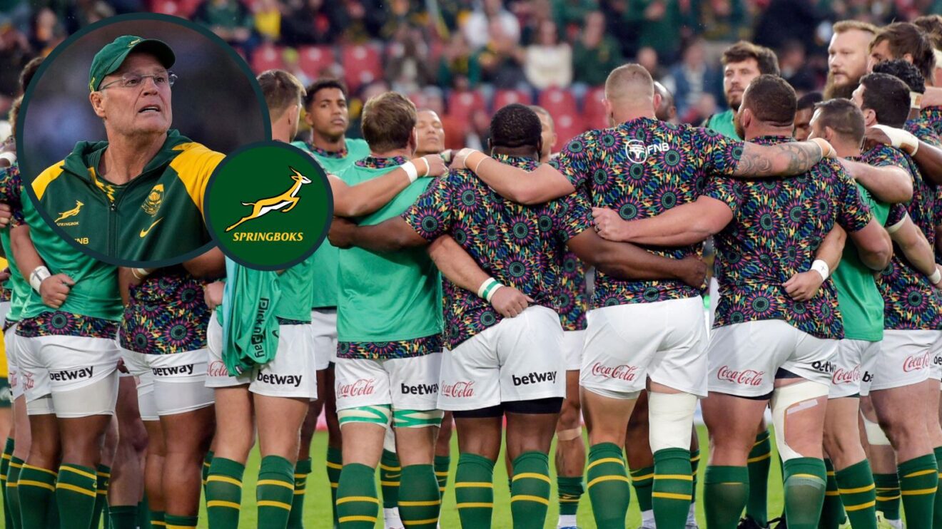 A two layered image of Rassie Erasmus and Springboks players