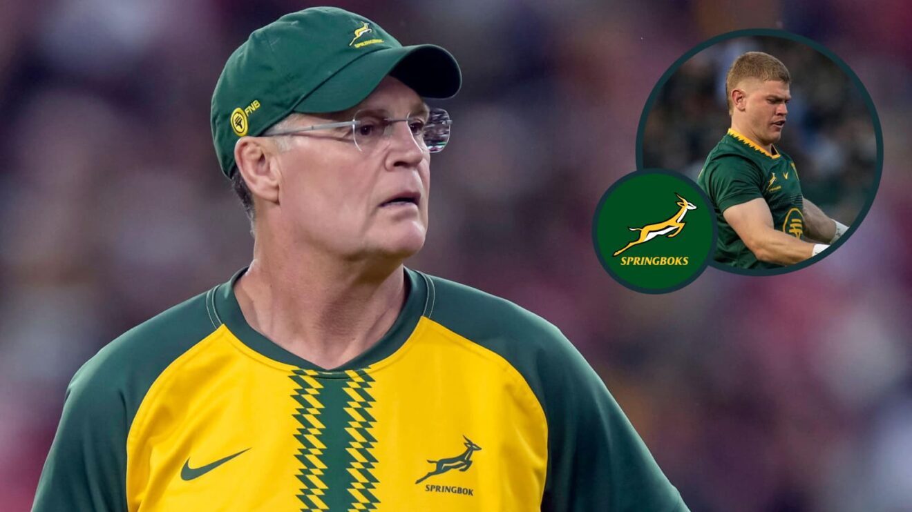 Springboks head coach Rassie Erasmus and an inset of scrum-half Morne van den Berg.