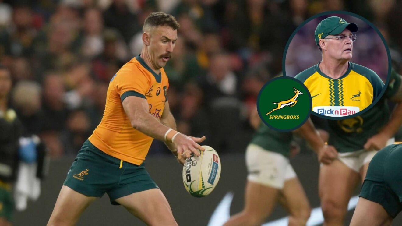 Wallabies scrum-half Nic White and an inset of Springboks head coach Rassie Erasmus.
