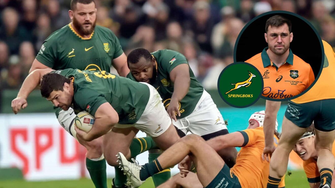 Springboks forwards Marco van Staden, Ox Nche and Wilco Louw with an inset of Wallabies lock Nick Frost.