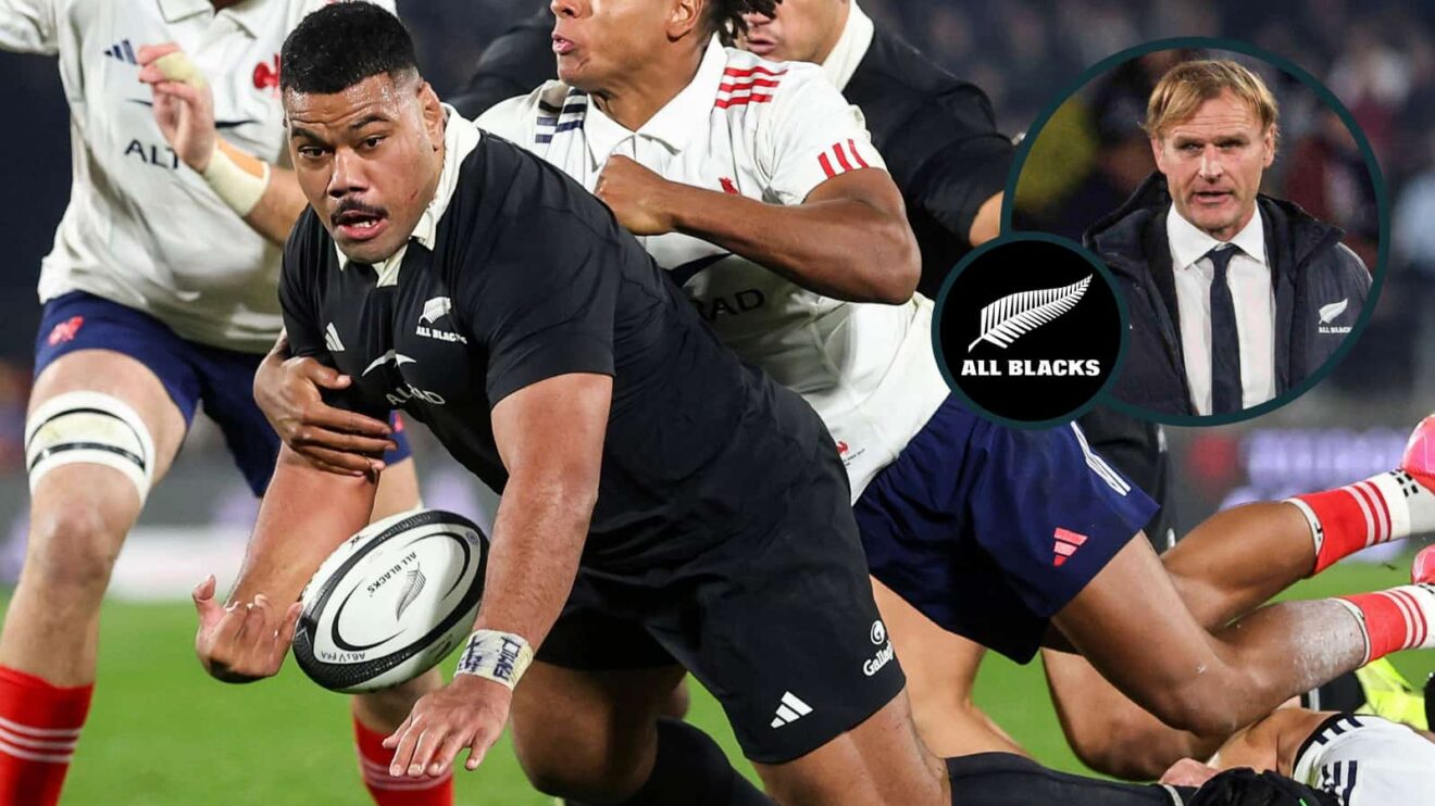 Samisoni Taukei'aho, who scored against Argentina, in action against France and All Blacks head coach Scott Robertson (inset).