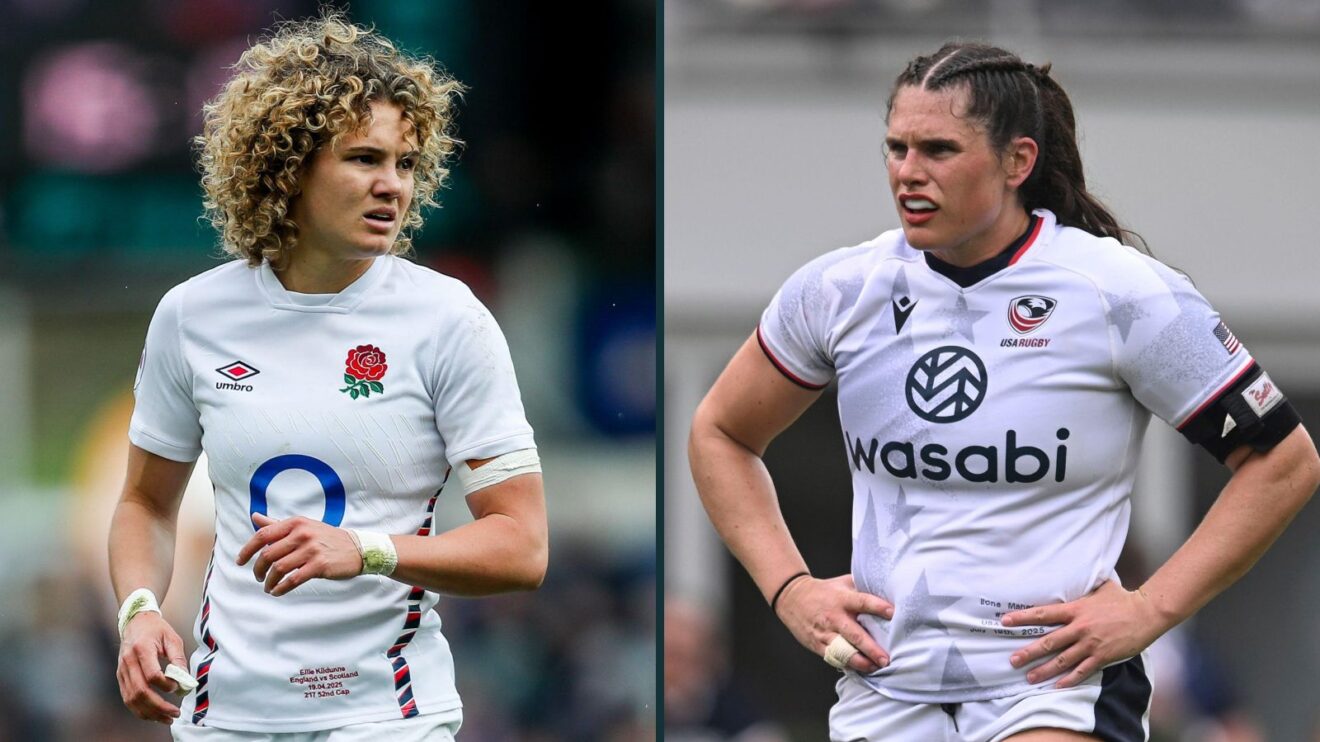 A two panel image of Ellie Kildunne and Ilona Maher
