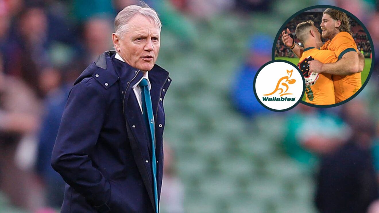 Wallabies head coach Joe Schmidt and Fraser McReight hugging Nic White (inset) after victory over Springboks.