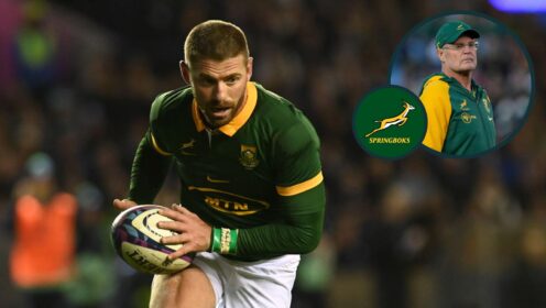 Springboks full-back Willie le Roux and an inset of head coach Rassie Erasmus.