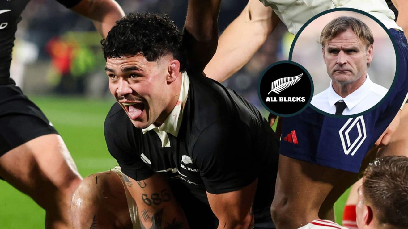 All Blacks flanker Du'Plessis Kirifi and an inset of head coach Scott Robertson.