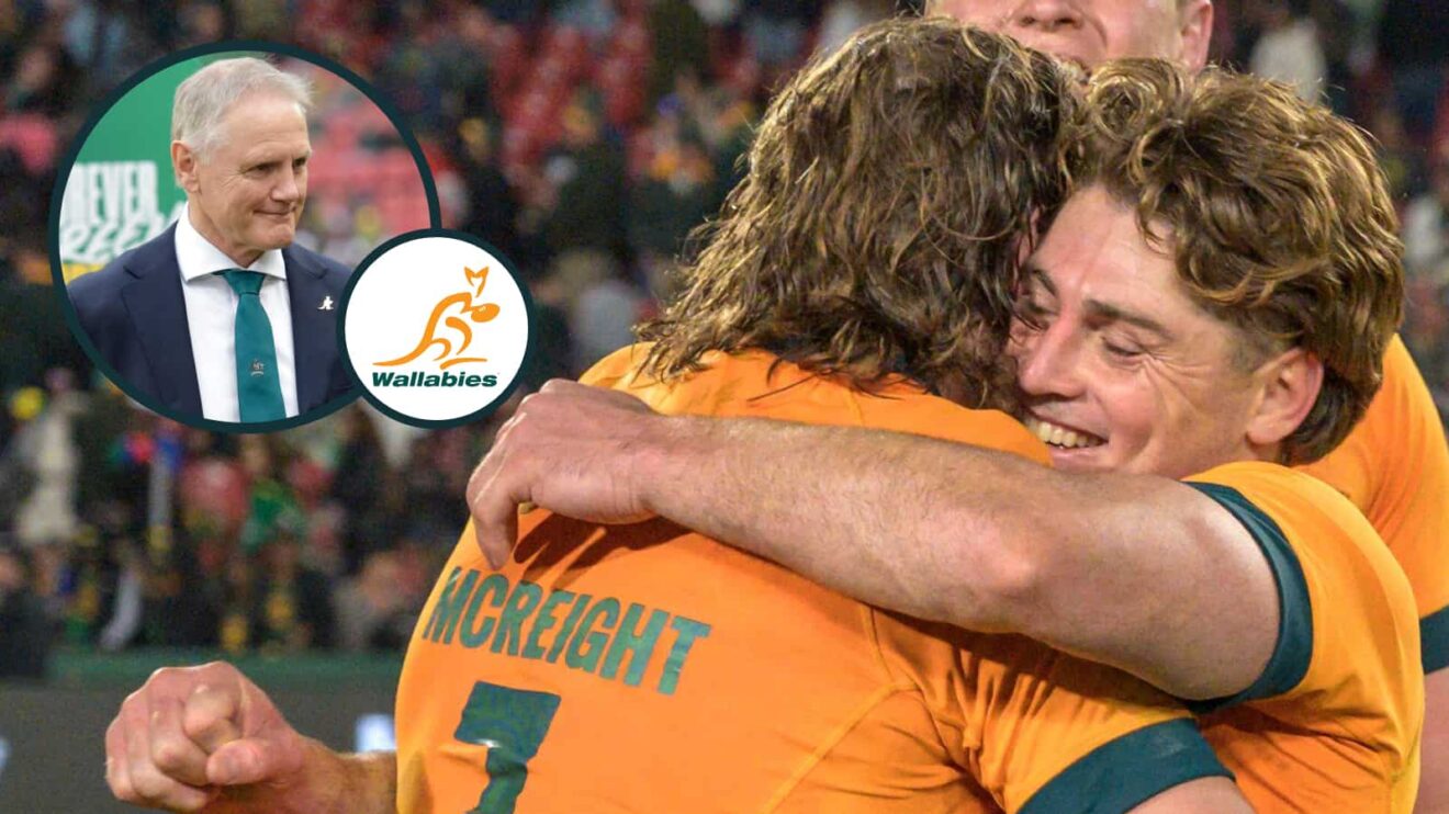 Wallabies James O'Connor and Fraser McReight with an inset of head coach Joe Schmidt