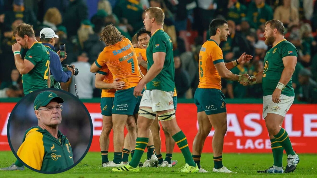 Wallabies celebrate as Springboks dejected in Joburg win and South Africa head coach Rassie Erasmus (inset).