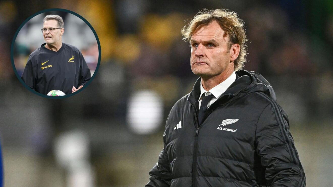 All Blacks head coach Scott Robertson and Springboks boss Rassie Erasmus (inset).