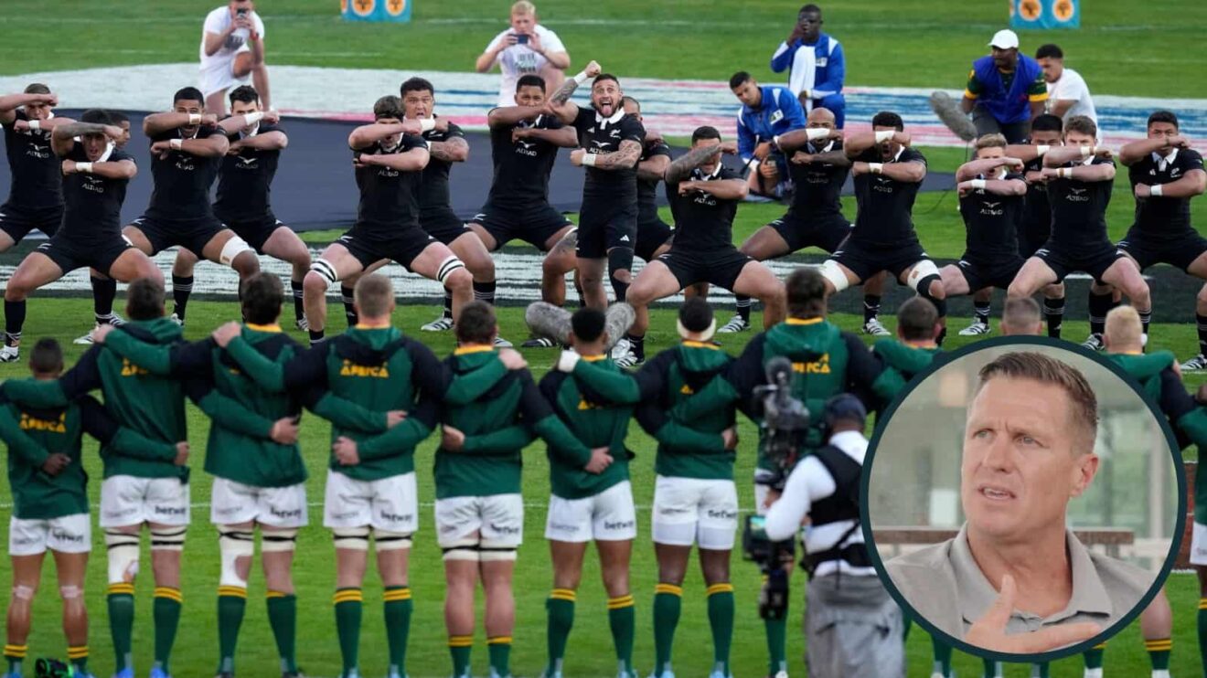 All Blacks performing haka ahead of Springboks clash and ex-South Africa captain Jean de Villiers (inset).