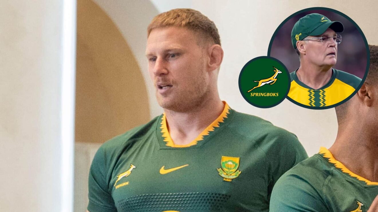 Springboks flanker Jean-Luc Du Preez and an inset of Rassie Erasmus.