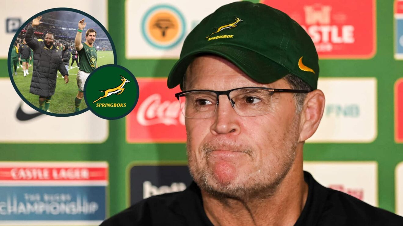 Springboks head coach Rassie Erasmus and an inset of Ox Nche and Kwagga Smith.