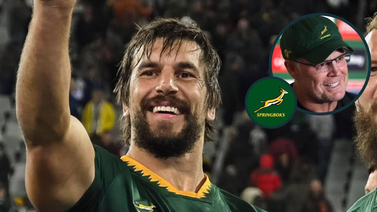 Springboks lock Eben Etzebeth and an inset of head coach Rassie Erasmus.