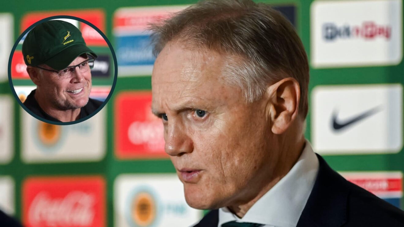 Wallabies head coach Joe Schmidt and an inset of Springboks boss Rassie Erasmus