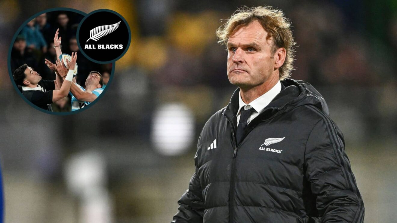 All Blacks head coach Scott Robertson and Will Jordan competing for high ball in Argentina loss (inset).