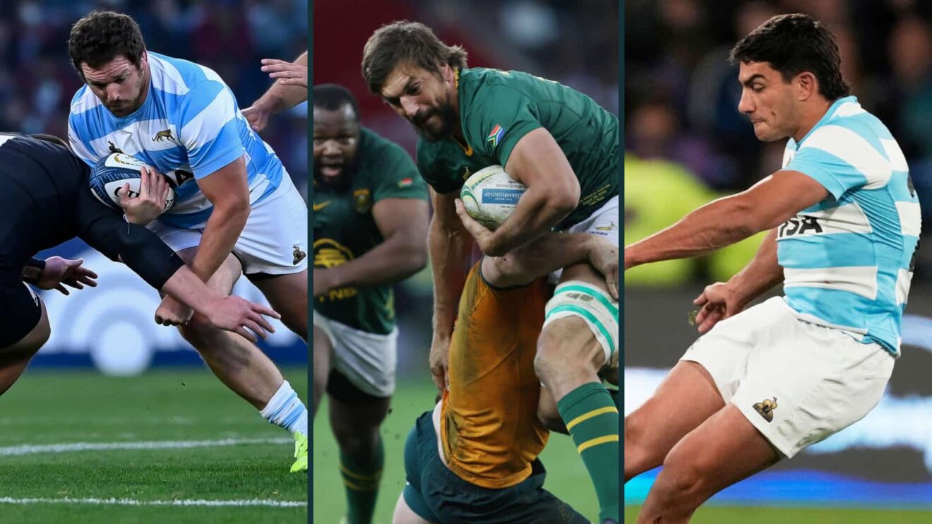 Springboks lock Eben Etzebeth (middle) sandwiched between Julian Montoya (left) and Santiago Carreras (right).