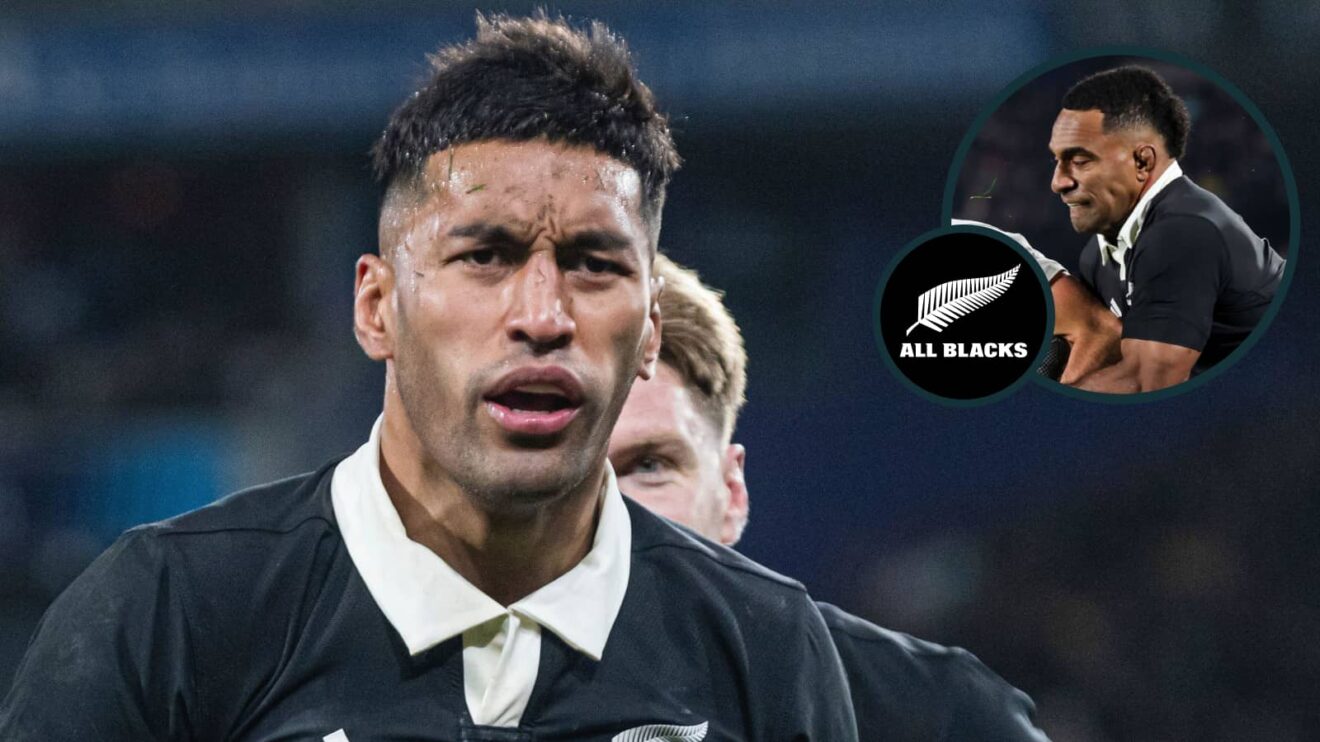 Rieko Ioane and Sevu Reece (inset) in action for the All Blacks in 2025.