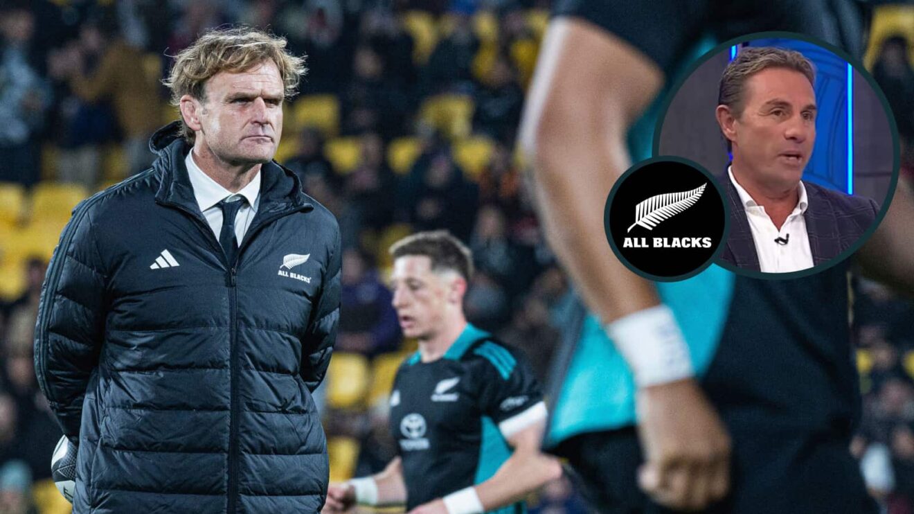 All Blacks head coach Scott Robertson and former New Zealand scrum-half Justin Marshall (inset).