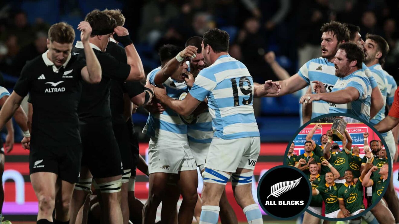All Blacks dejected after Argentina try and Springboks lift Freedom Cup after beating New Zealand in 2024 (inset).