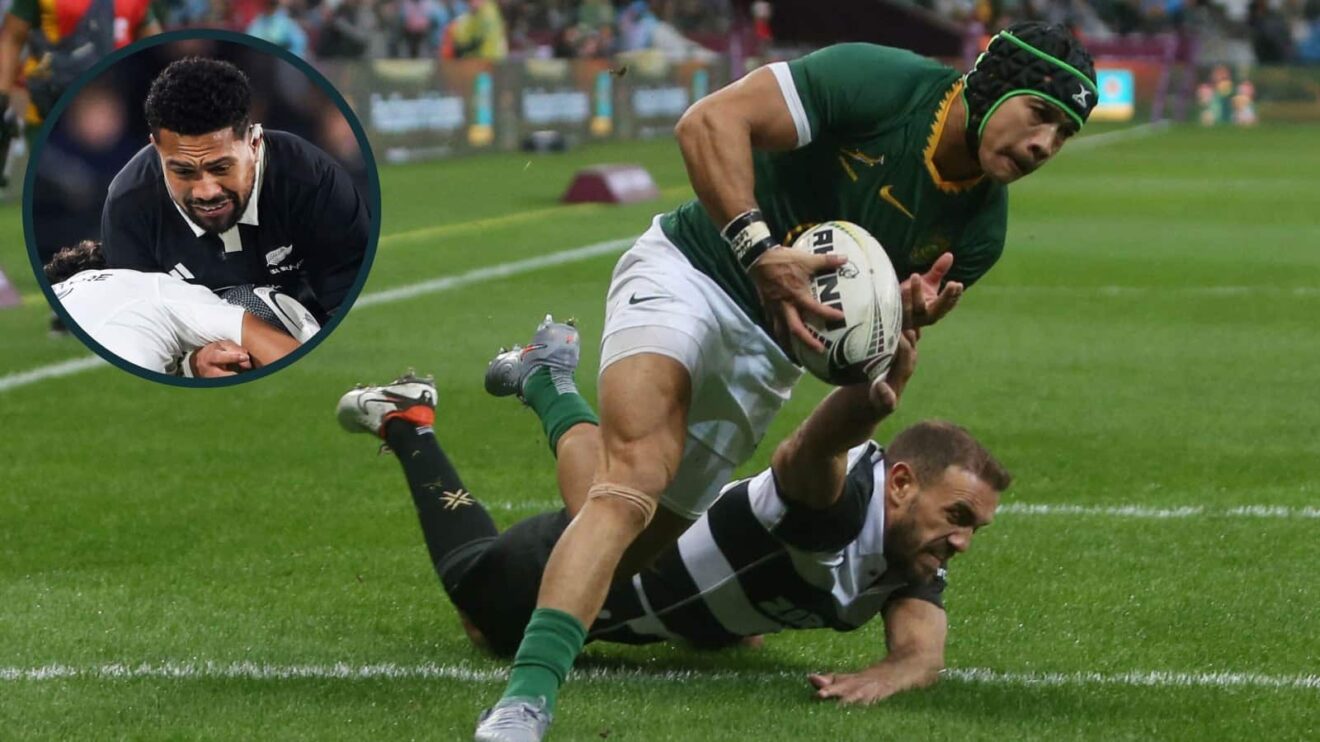 Springboks wing Cheslin Kolbe and All Blacks back-rower Ardie Savea (inset).
